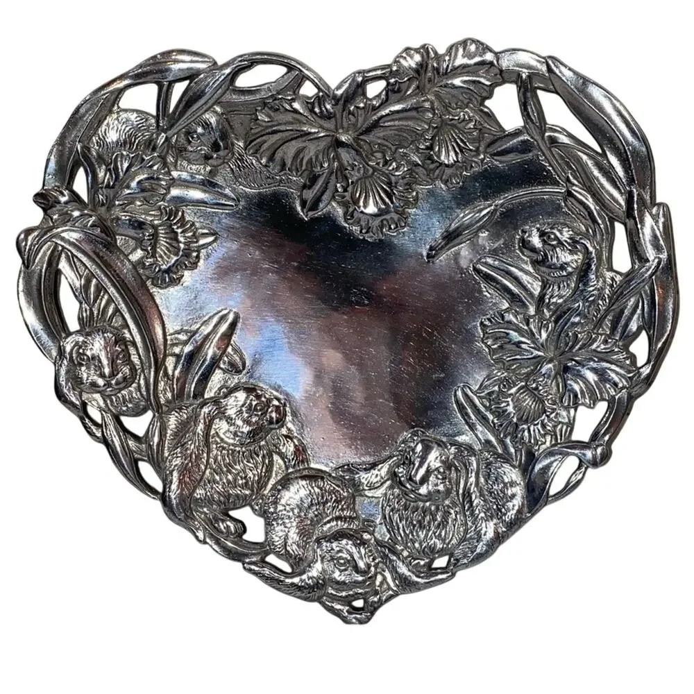 Arthur Court 1993 Bunny Orchid‎ Heart Platter Aluminum Vintage Tray